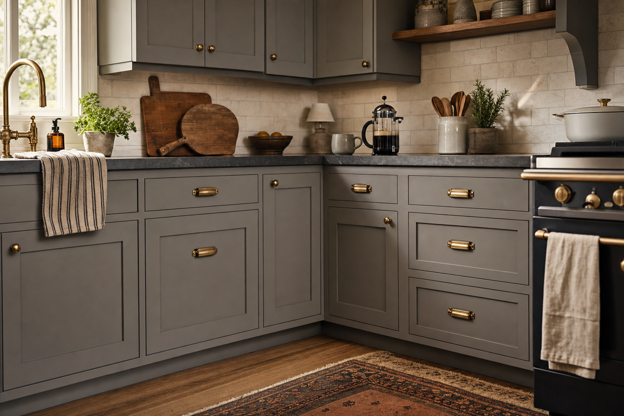 Gauntlet Gray by Sherwin-Williams on cabinets
