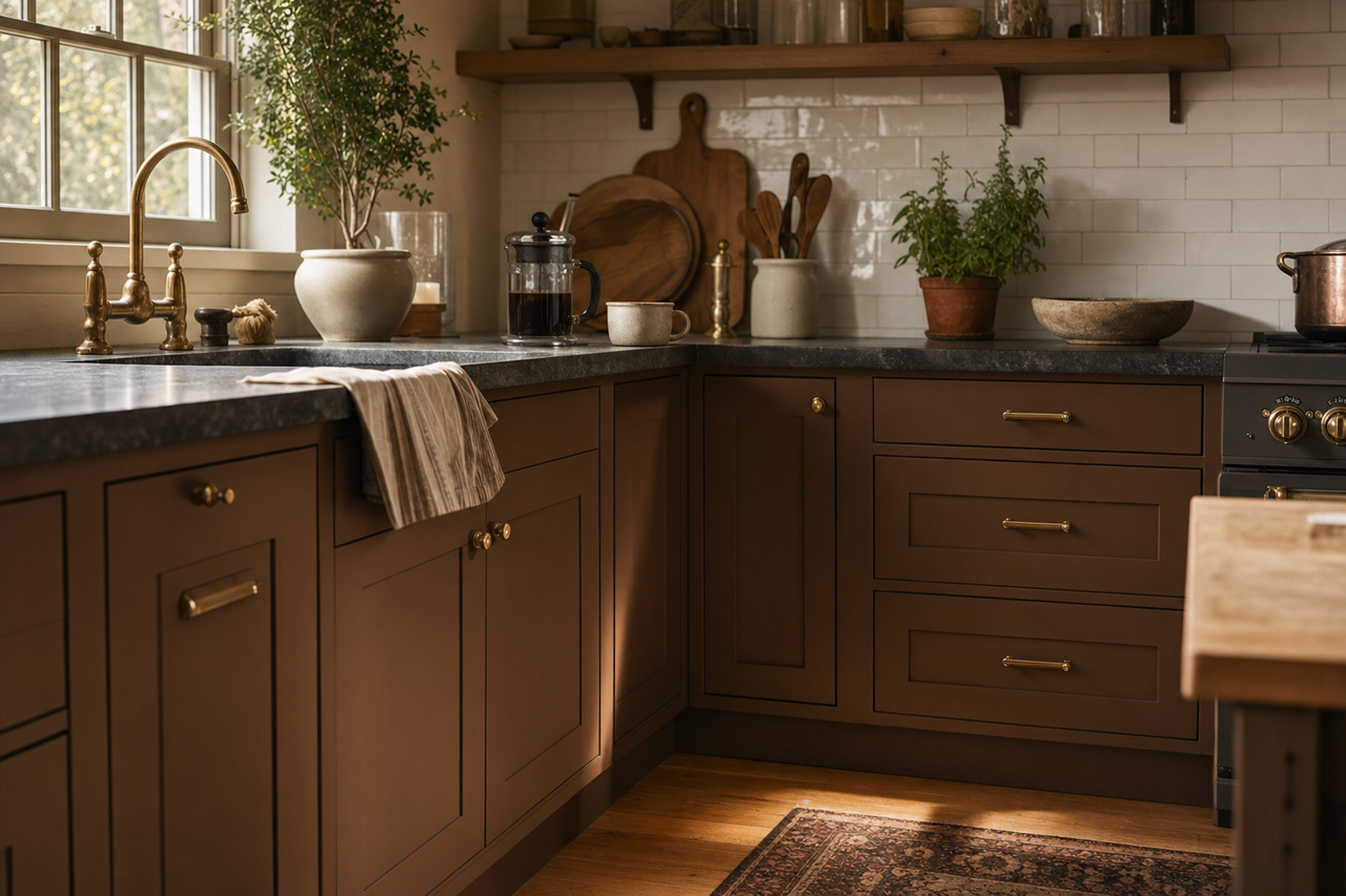 Well‐Bred Brown by Sherwin-Williams on cabinets
