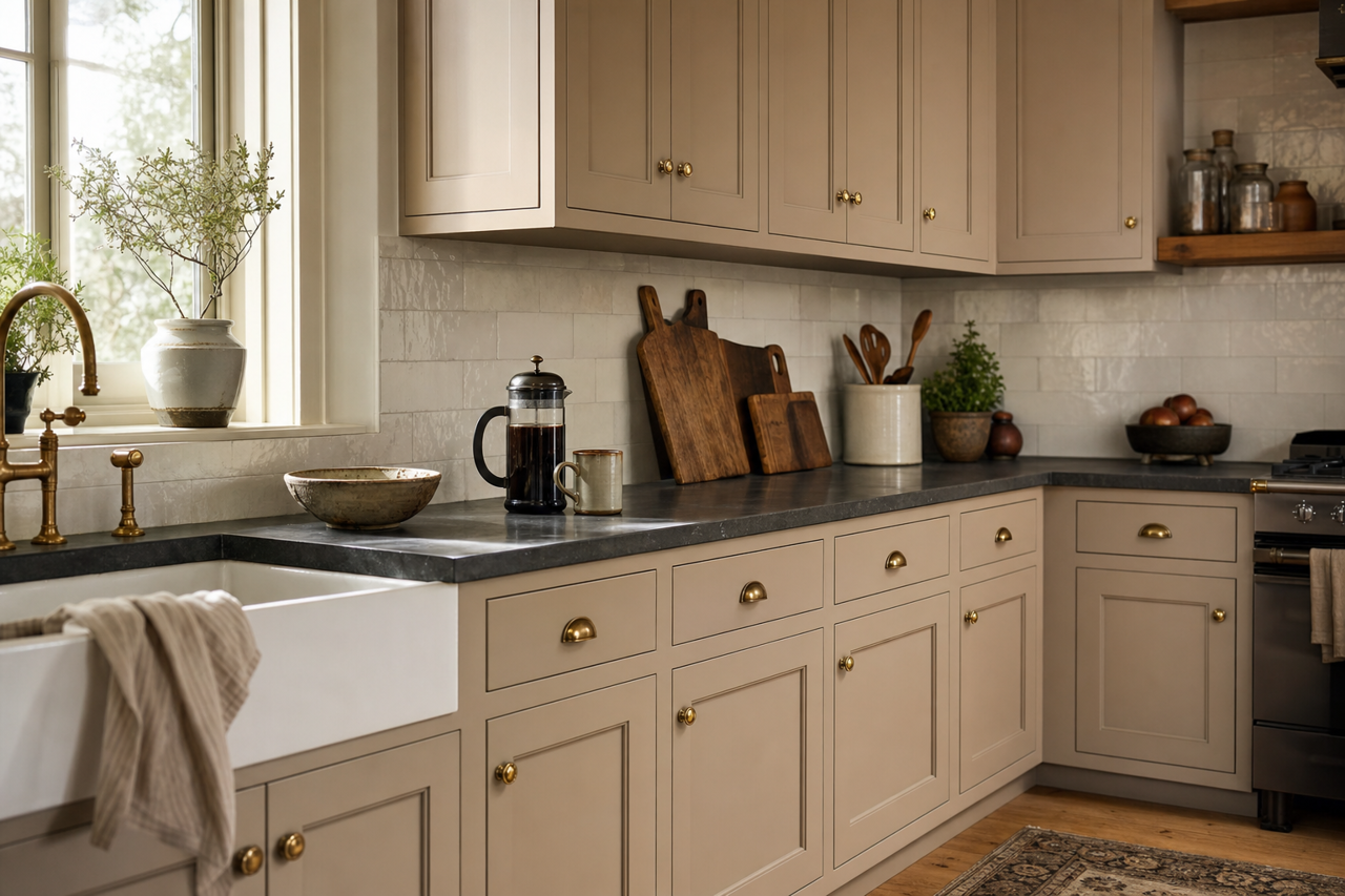 Mega Greige by Sherwin-Williams on cabinets