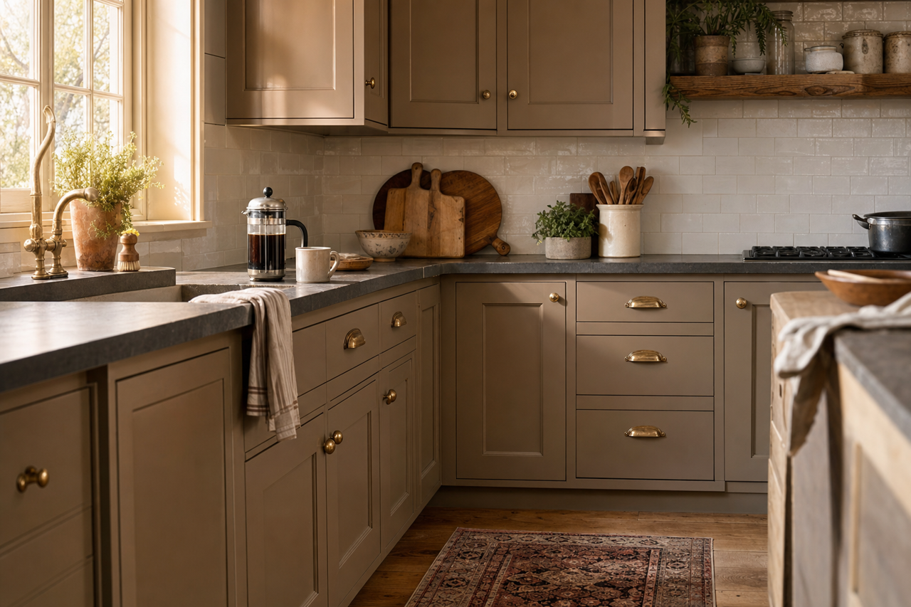 Warm Stone by Sherwin-Williams on cabinets
