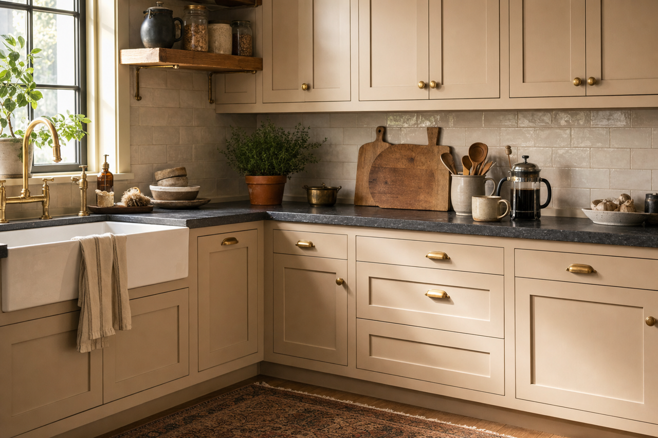 Balanced Beige by Sherwin-Williams on cabinets