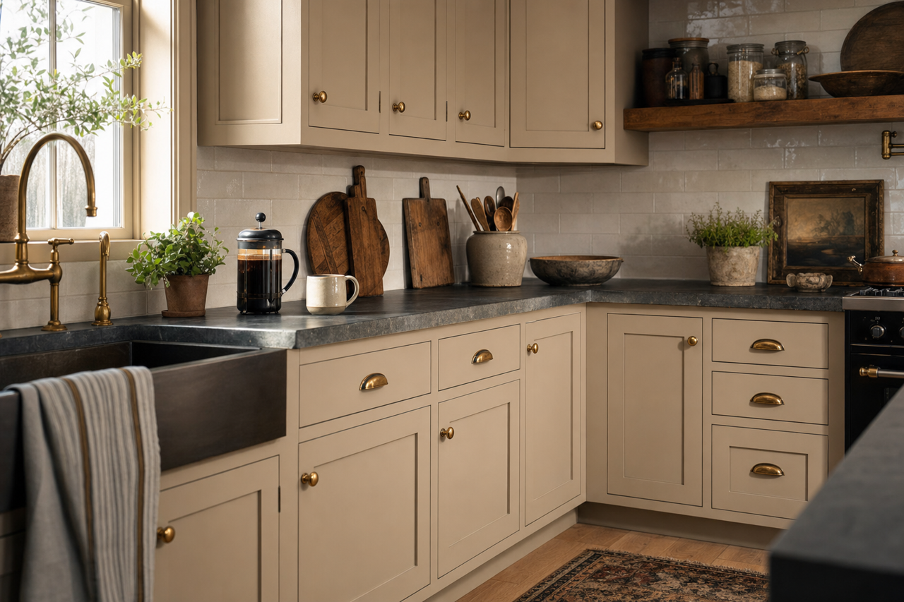 Tony Taupe by Sherwin-Williams on cabinets