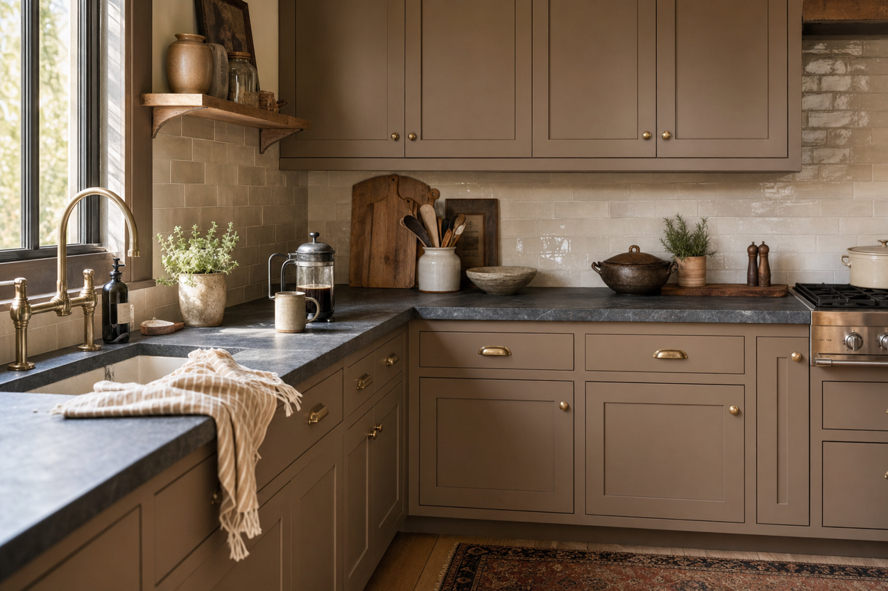 Virtual Taupe by Sherwin-Williams on cabinets