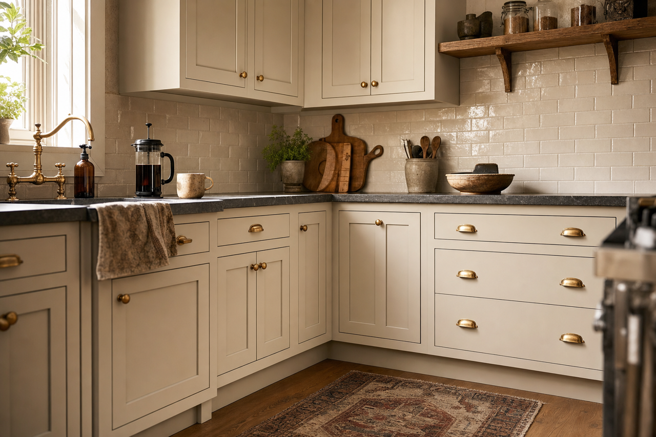 Worldly Gray by Sherwin-Williams on cabinets