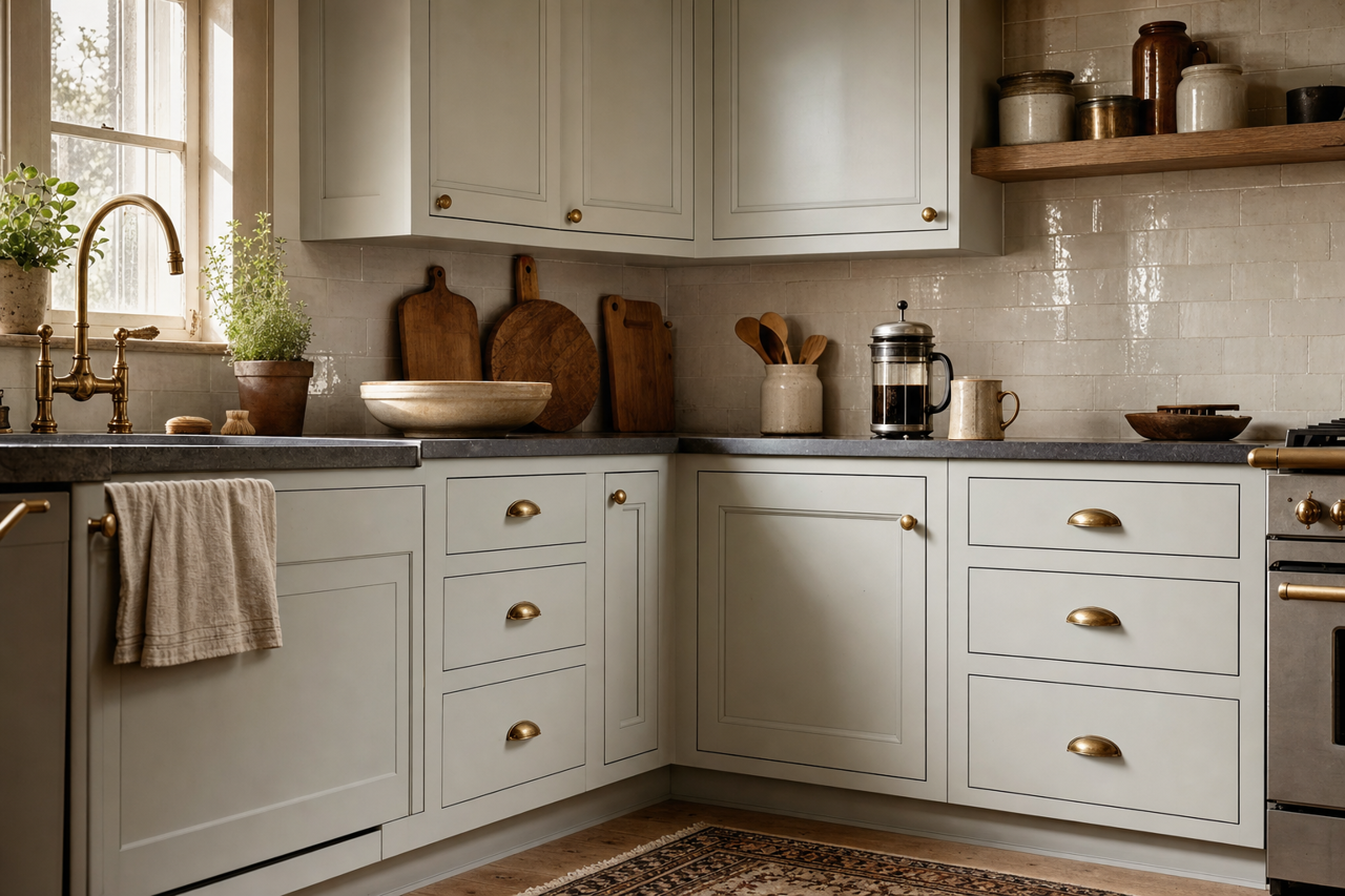 Silver Strand by Sherwin-Williams on cabinets