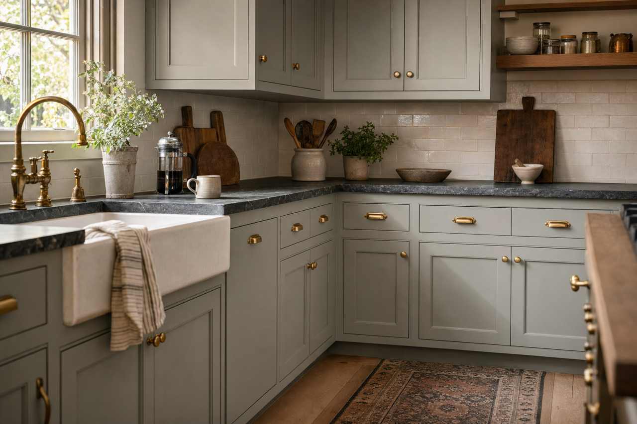 Unusual Gray by Sherwin-Williams on cabinets