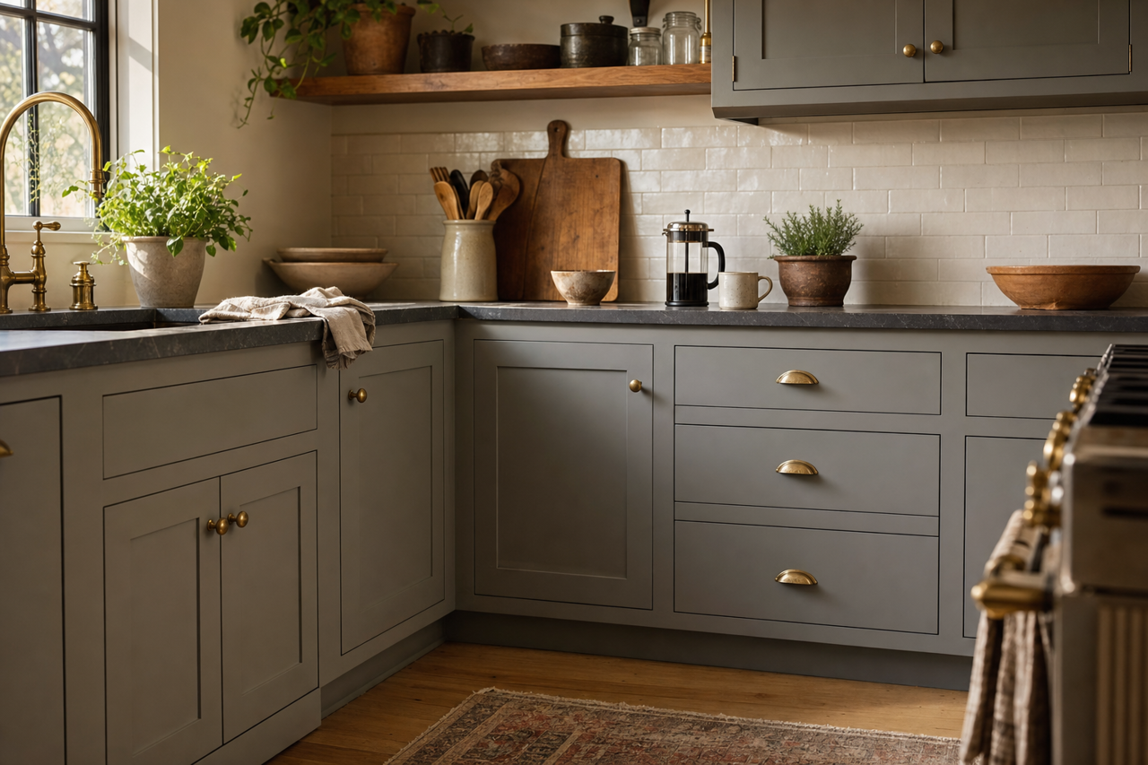 Attitude Gray by Sherwin-Williams on cabinets