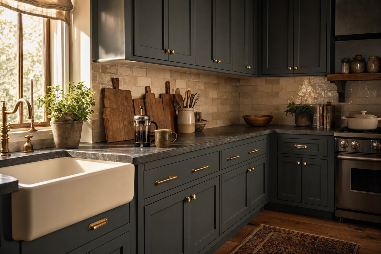 Rock Bottom by Sherwin-Williams on cabinets