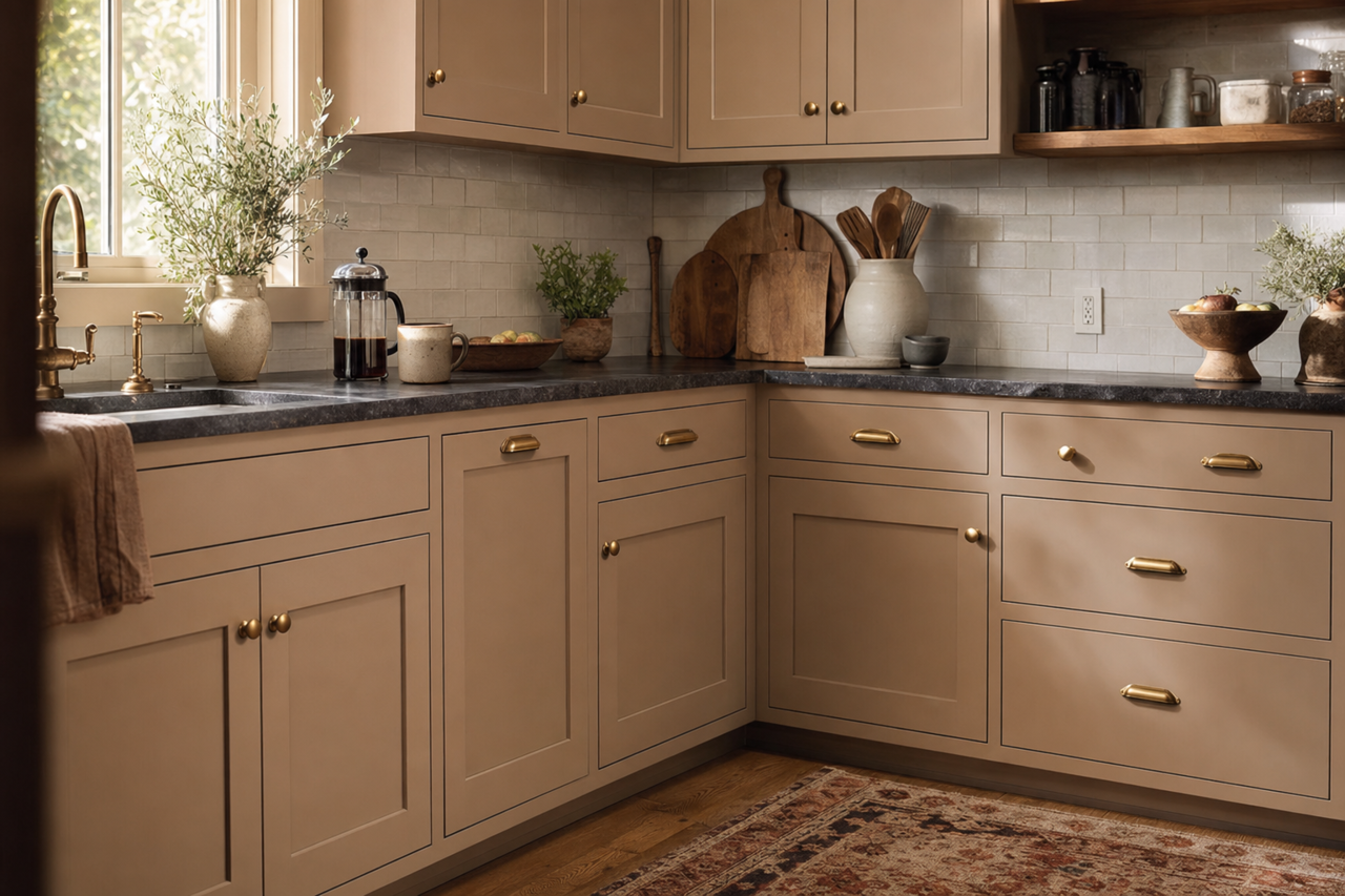 Threshold Taupe by Sherwin-Williams on cabinets