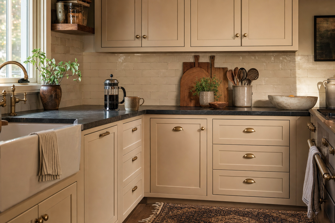 Pavilion Beige by Sherwin-Williams on cabinets