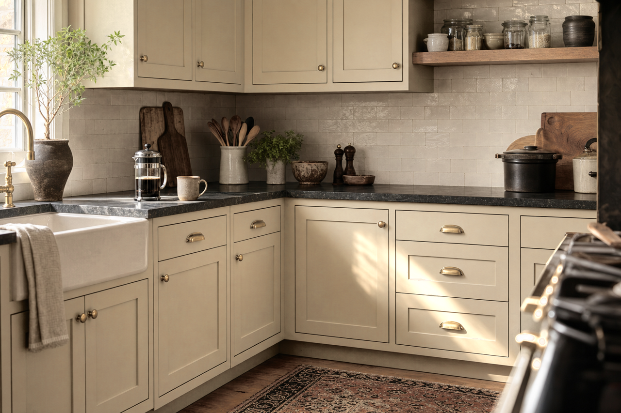Windsor Greige by Sherwin-Williams on cabinets