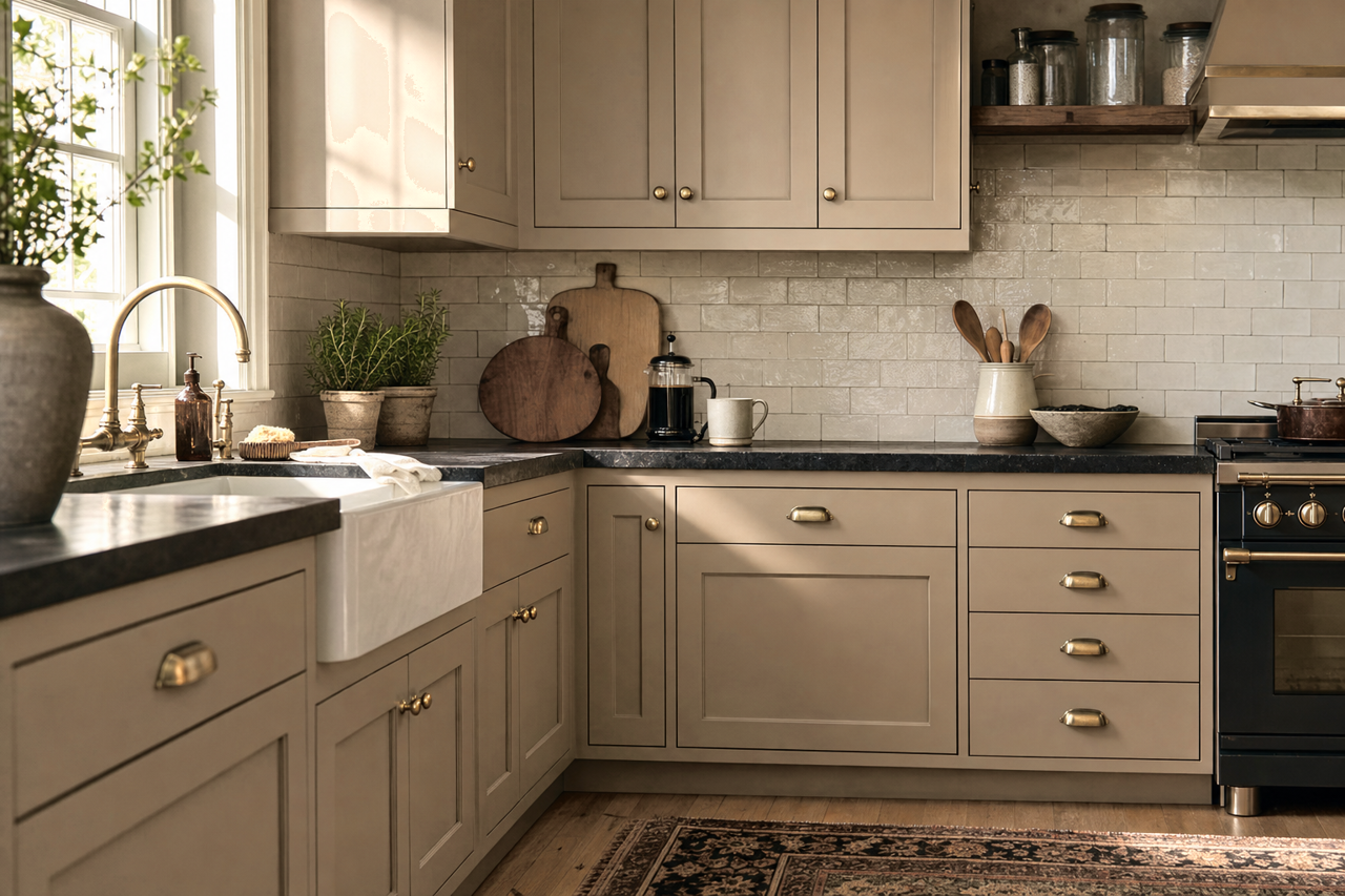 Sandy Ridge by Sherwin-Williams on cabinets