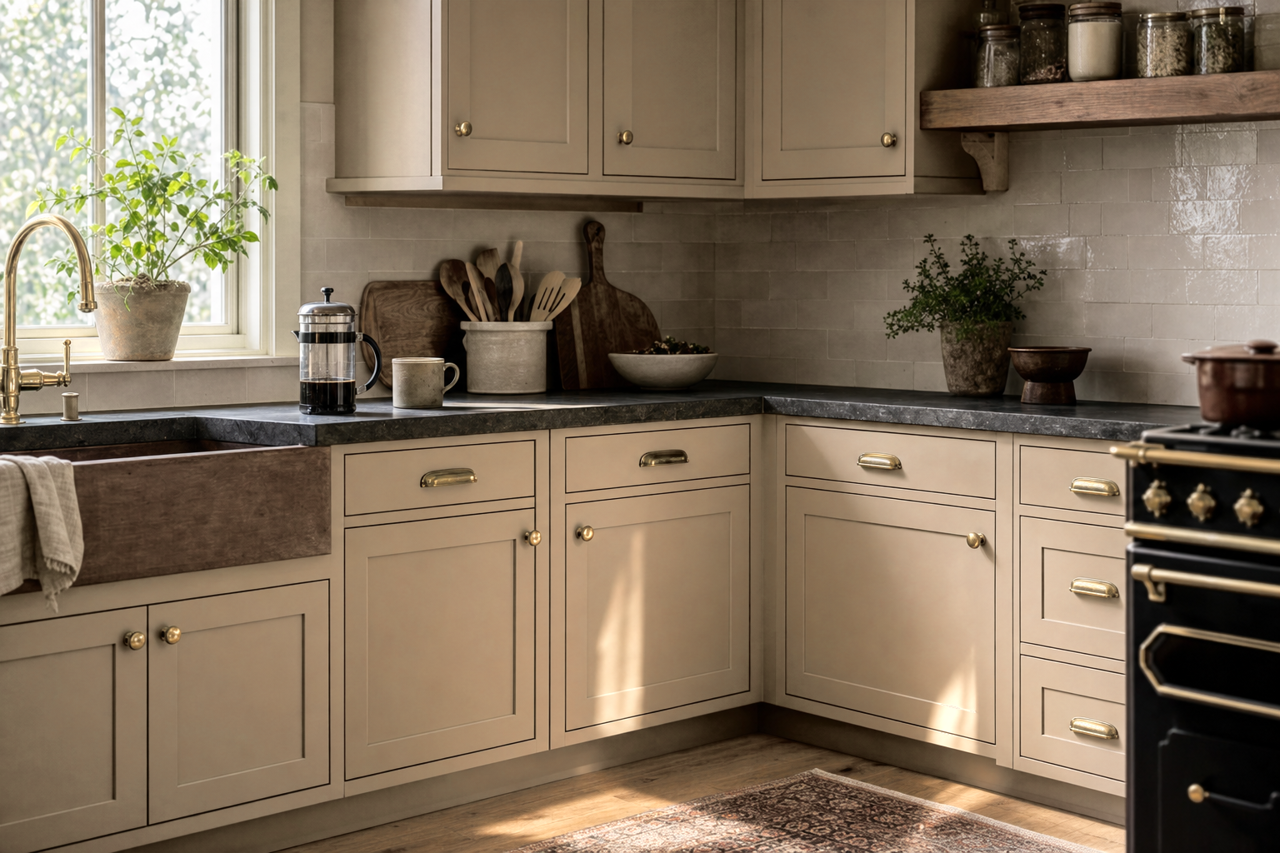 Studio Taupe by Sherwin-Williams on cabinets