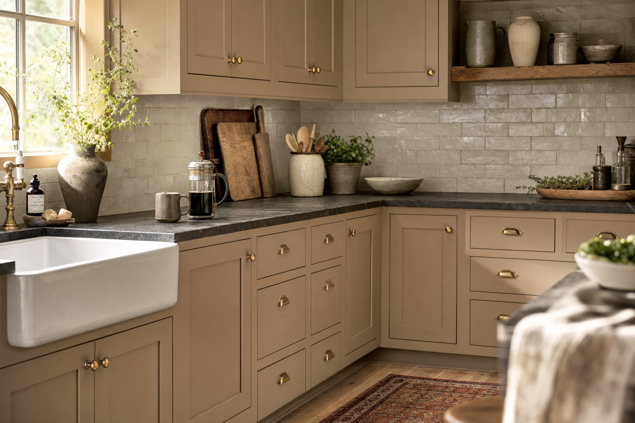 Resort Tan by Sherwin-Williams on cabinets