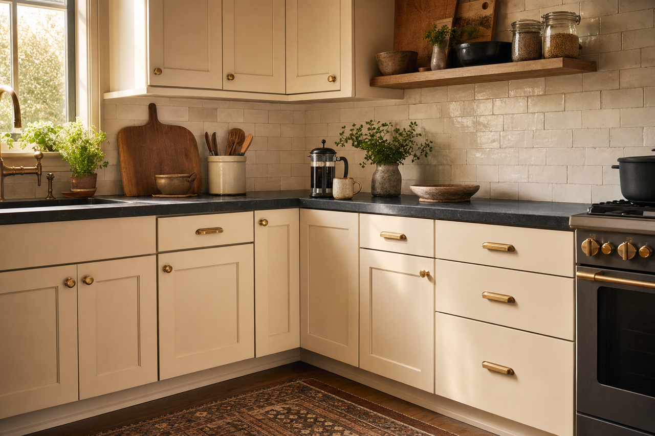 Neutral Ground by Sherwin-Williams on cabinets