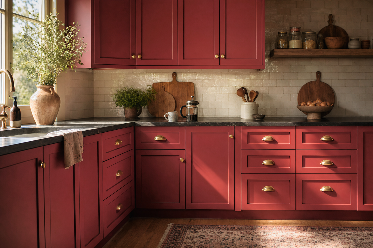 Antique Red by Sherwin-Williams on cabinets