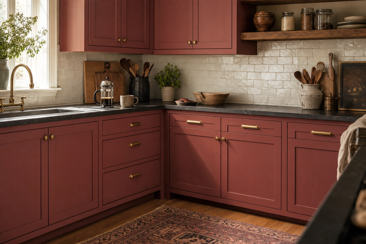 Red Barn by Sherwin-Williams on cabinets