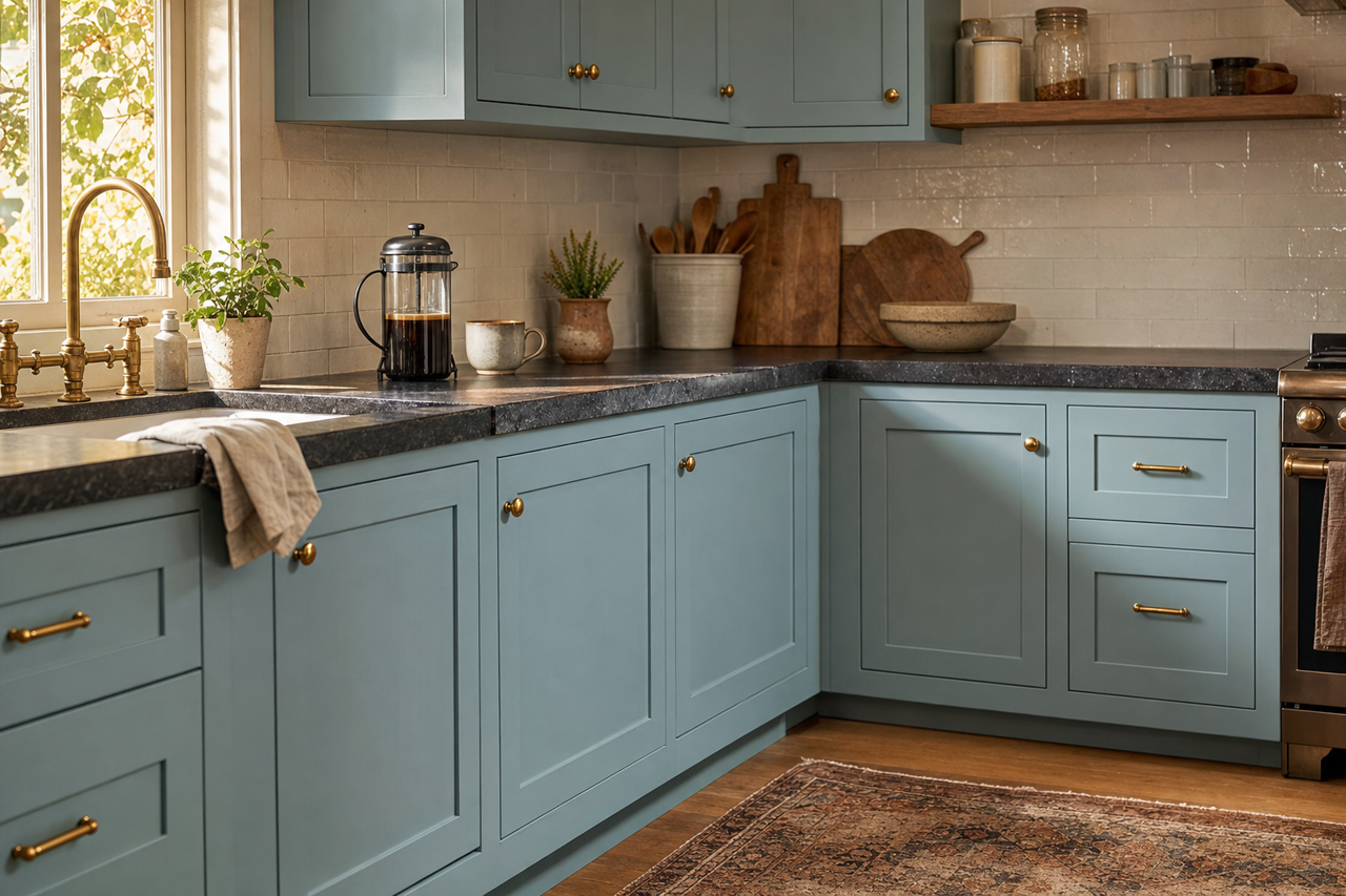Dockside Blue by Sherwin-Williams on cabinets