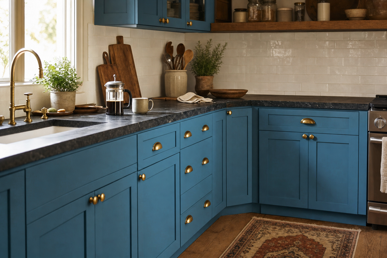 Santorini Blue by Sherwin-Williams on cabinets