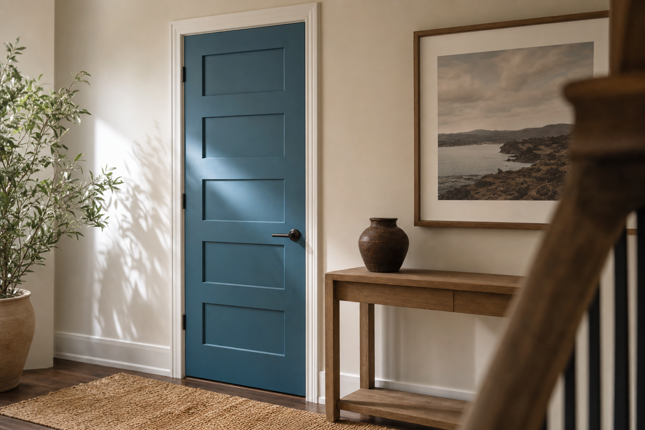 Santorini Blue by Sherwin-Williams on interior-doors
