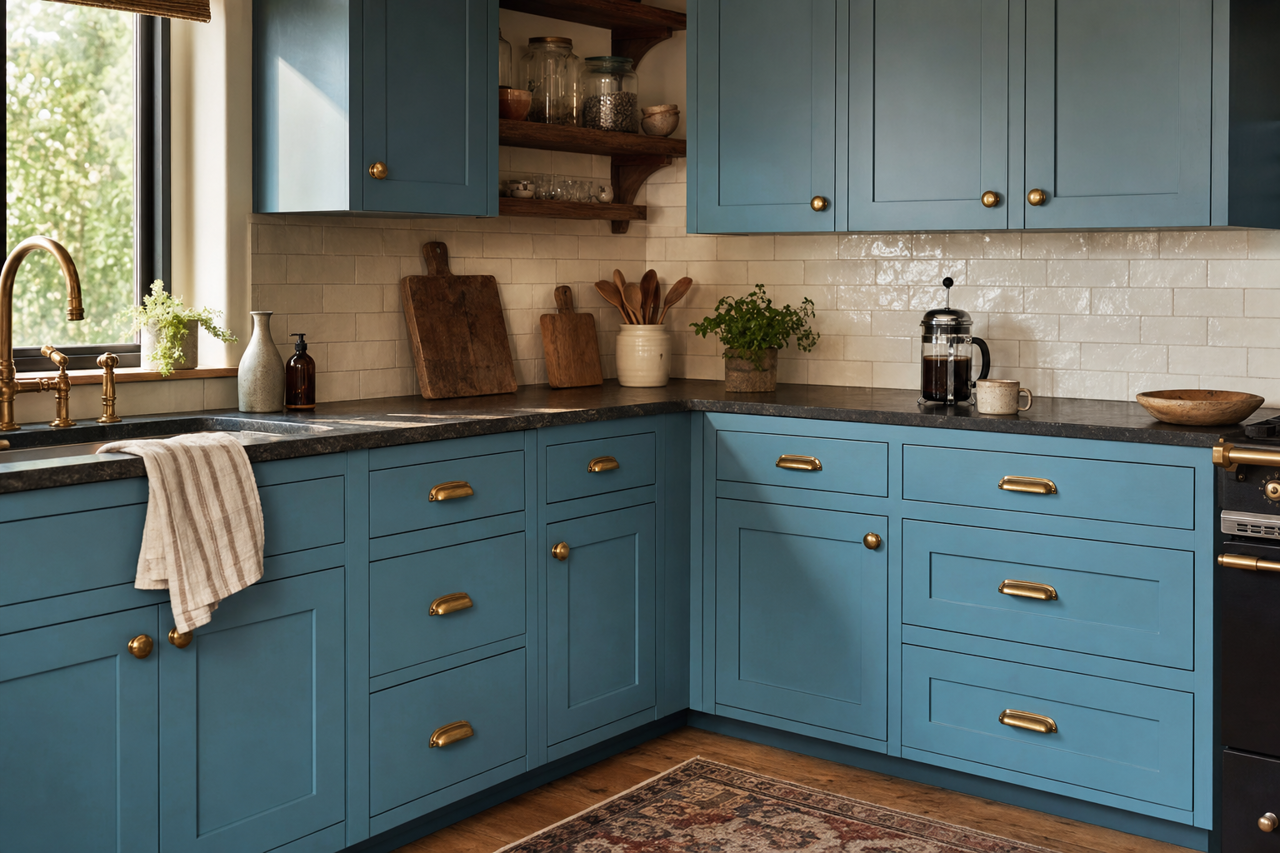 Georgian Revival Blue by Sherwin-Williams on cabinets