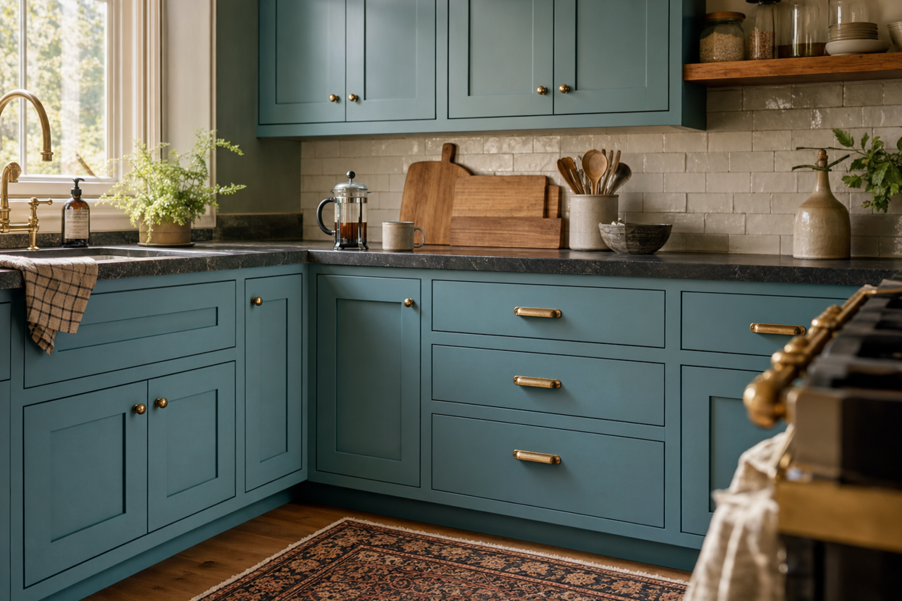 Mountain Stream by Sherwin-Williams on cabinets