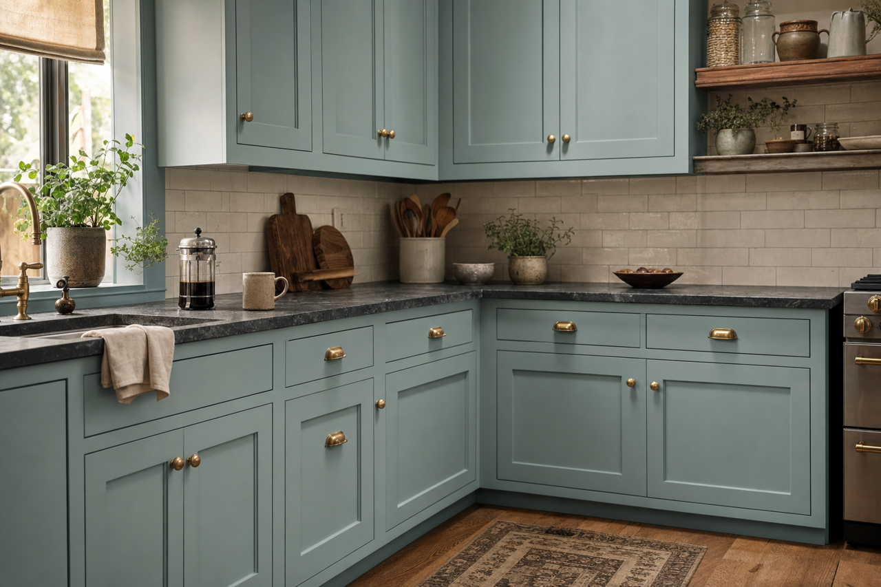Aqua‐Sphere by Sherwin-Williams on cabinets