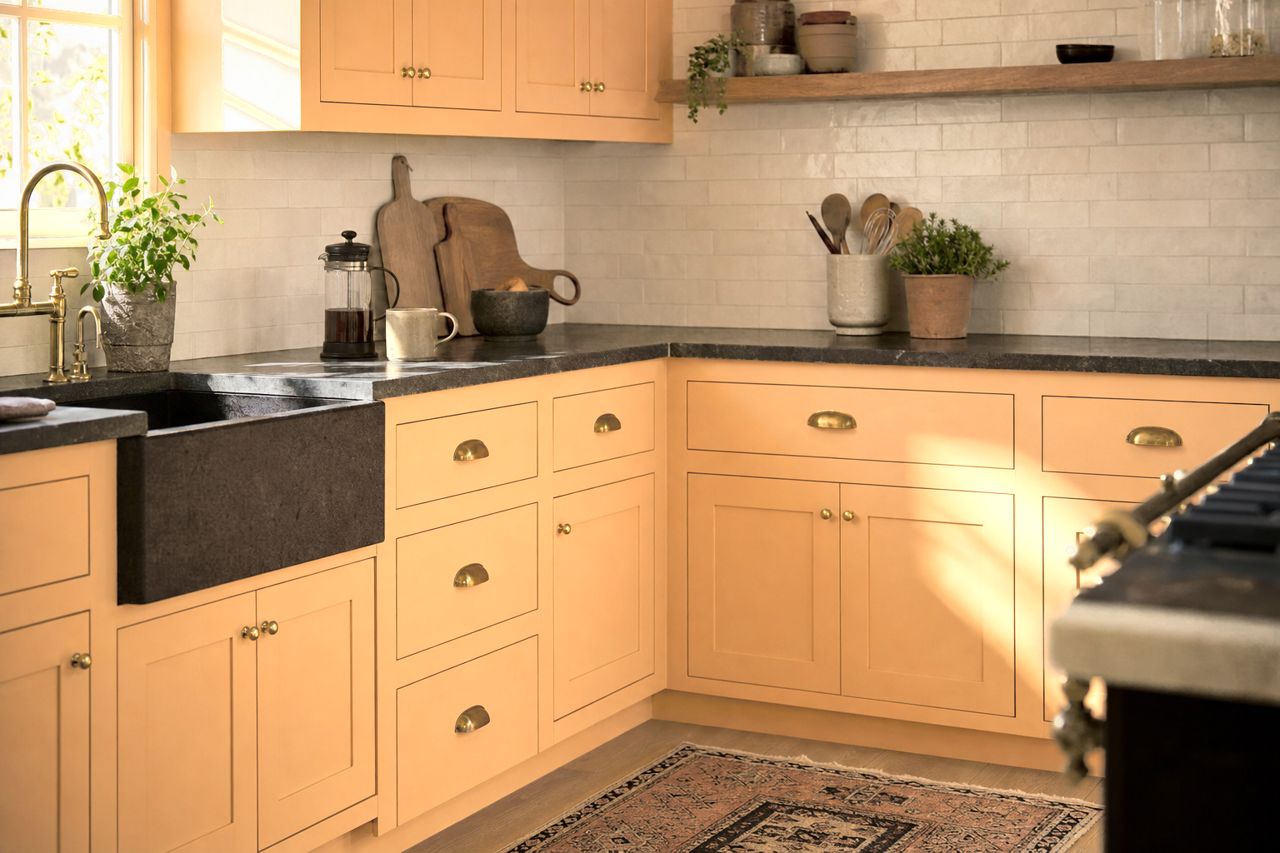 Gold Vessel by Sherwin-Williams on cabinets