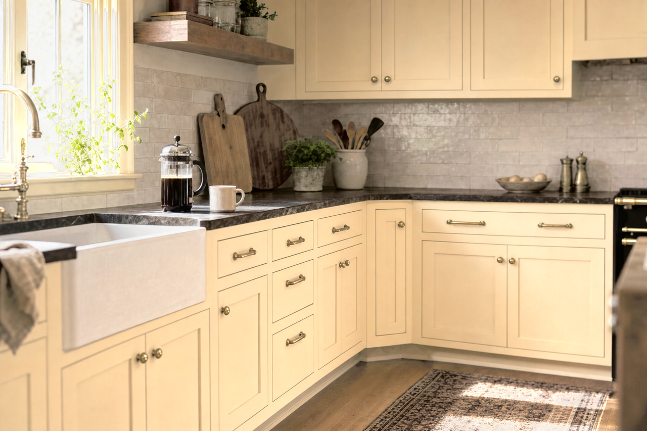 Cottage Cream by Sherwin-Williams on cabinets