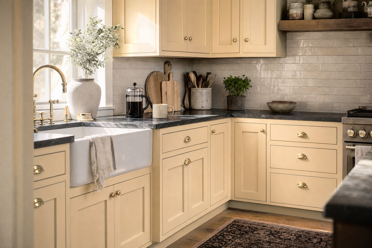 Row House Tan by Sherwin-Williams on cabinets