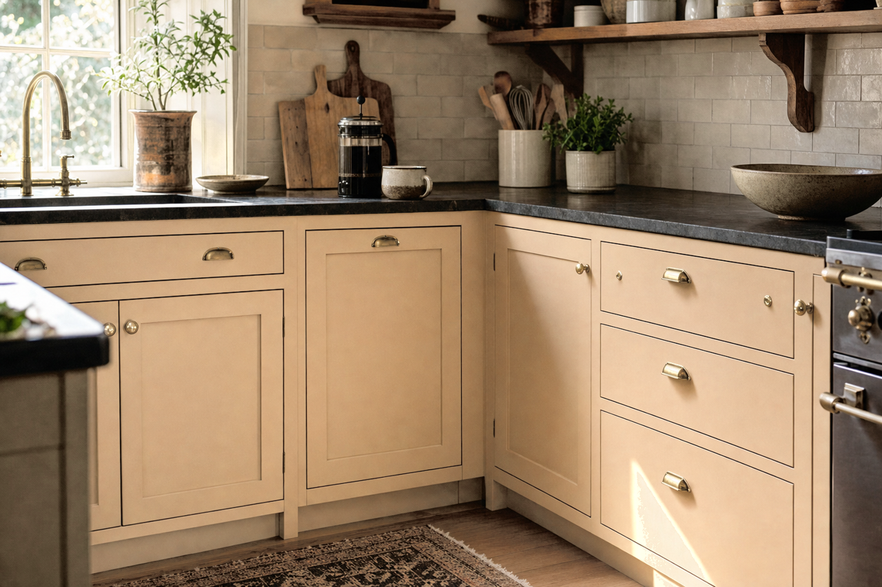 Townhall Tan by Sherwin-Williams on cabinets