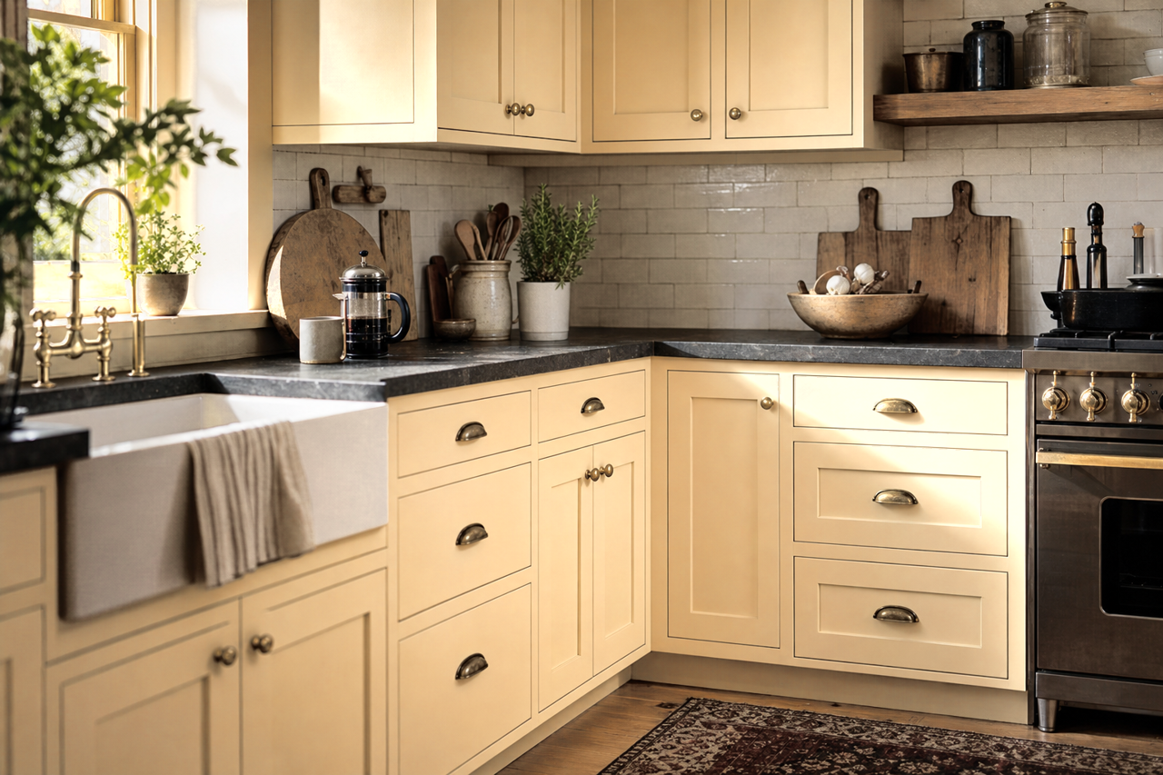 Biltmore Buff by Sherwin-Williams on cabinets