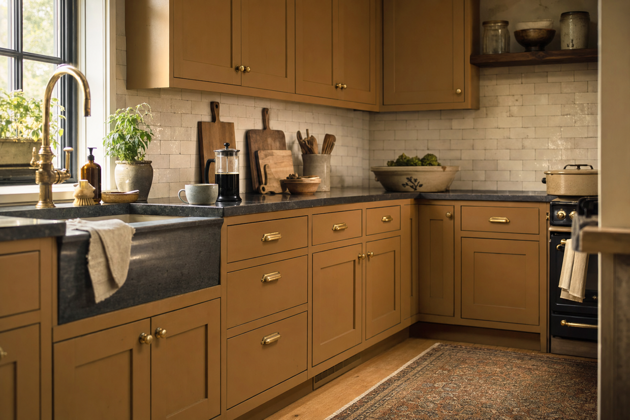 Olde World Gold by Sherwin-Williams on cabinets