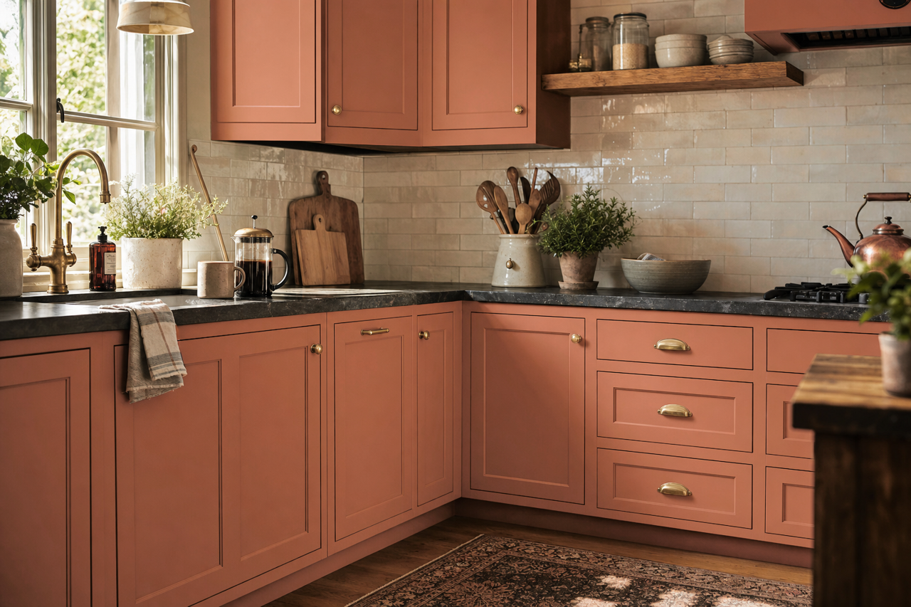 Cavern Clay by Sherwin-Williams on cabinets