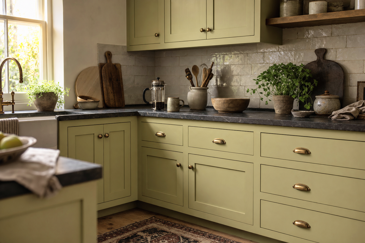 Lemon Verbena by Sherwin-Williams on cabinets