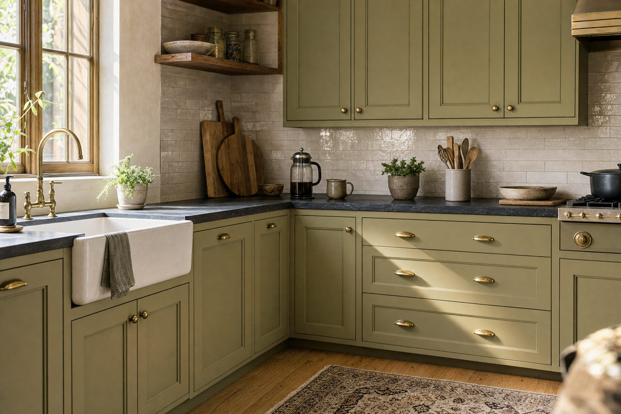 Edamame by Sherwin-Williams on cabinets