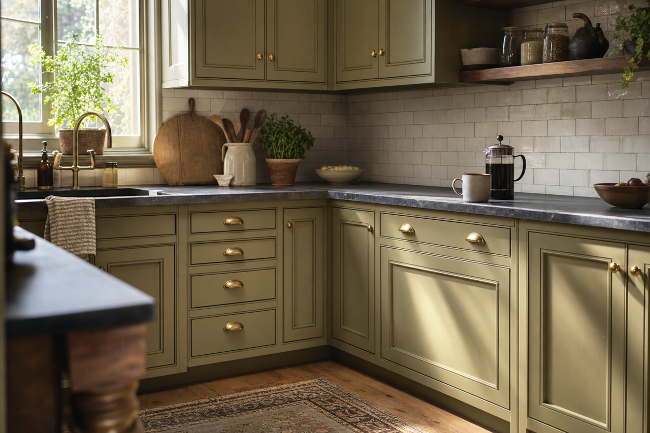 Olive Grove by Sherwin-Williams on cabinets