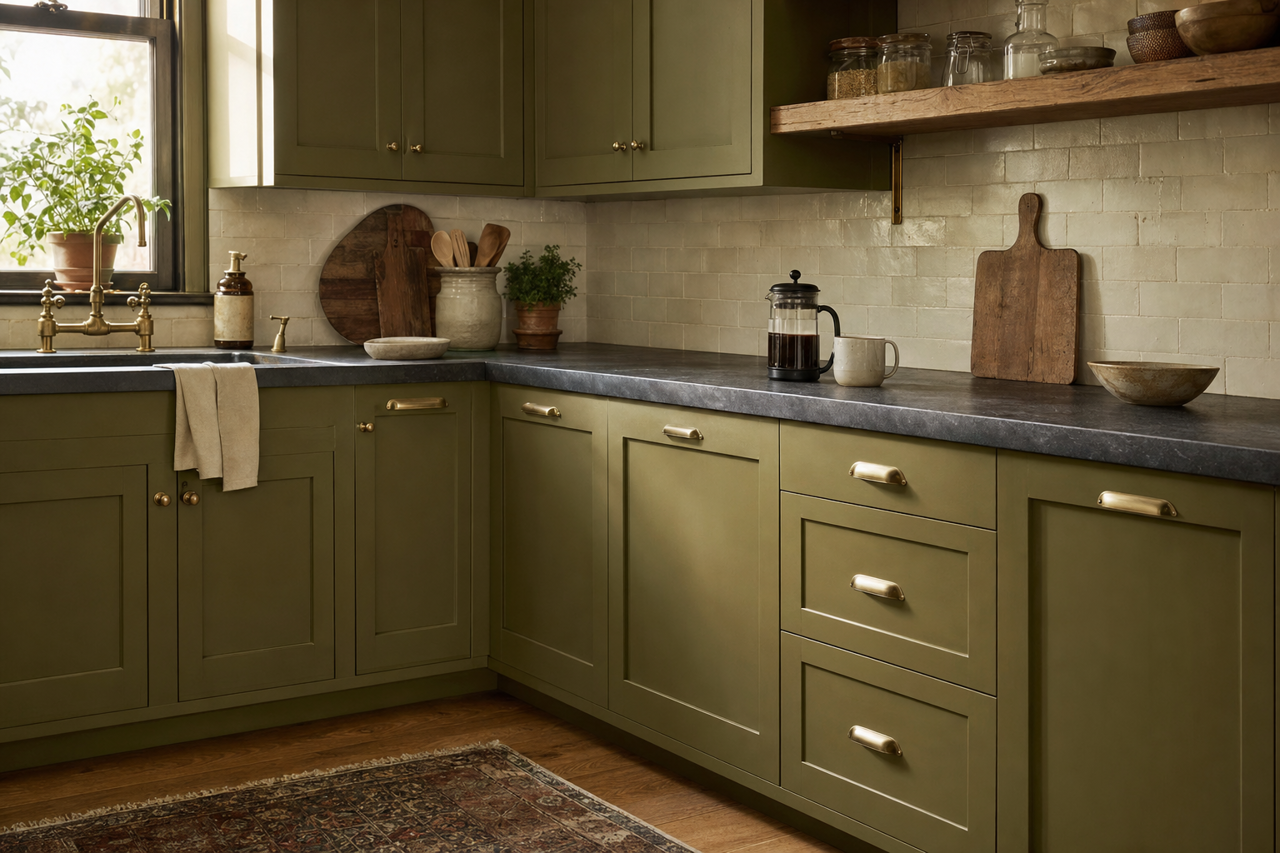 Palm Leaf by Sherwin-Williams on cabinets