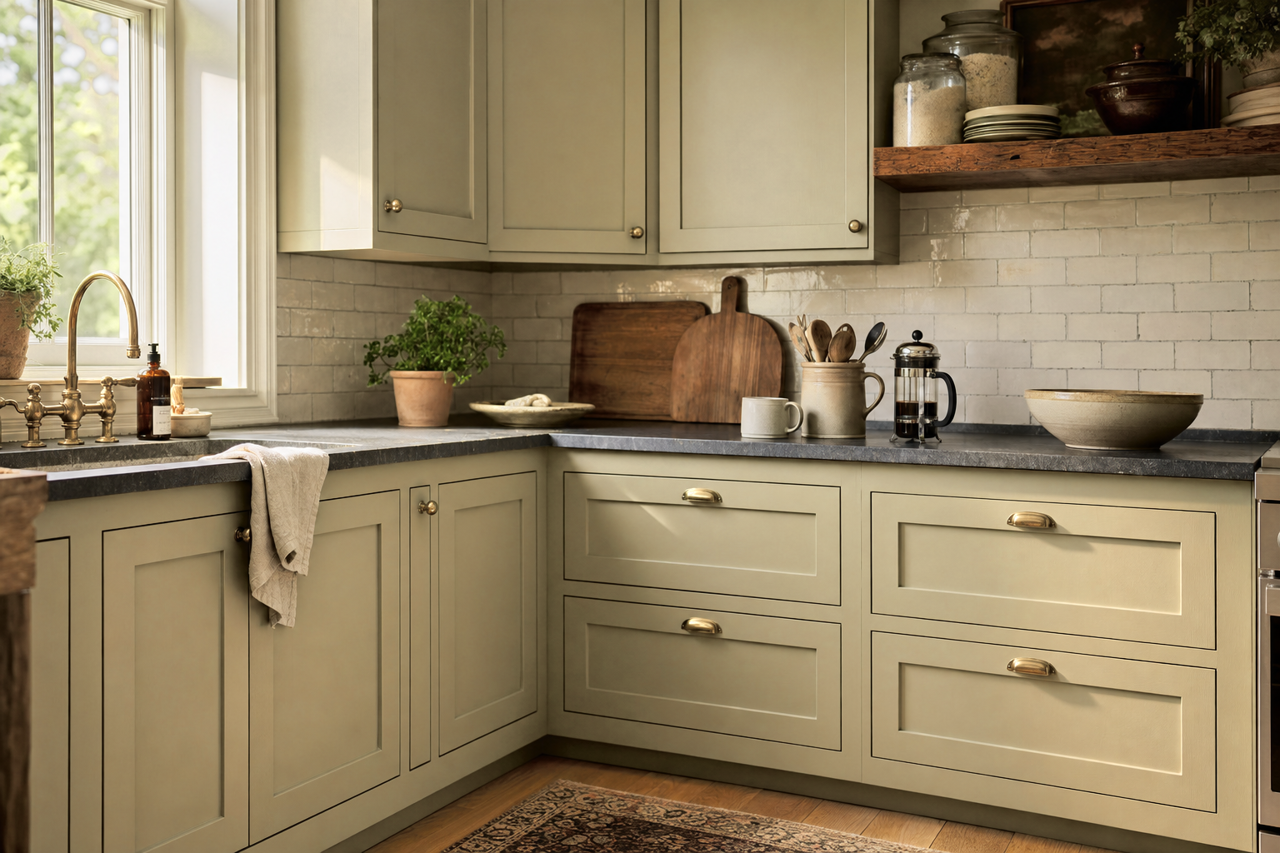 Garden Sage by Sherwin-Williams on cabinets