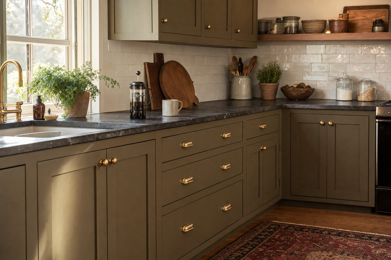 Muddled Basil by Sherwin-Williams on cabinets