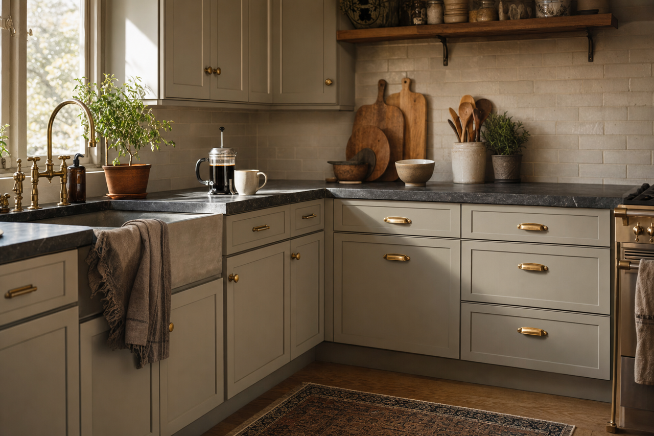 Rushing River by Sherwin-Williams on cabinets
