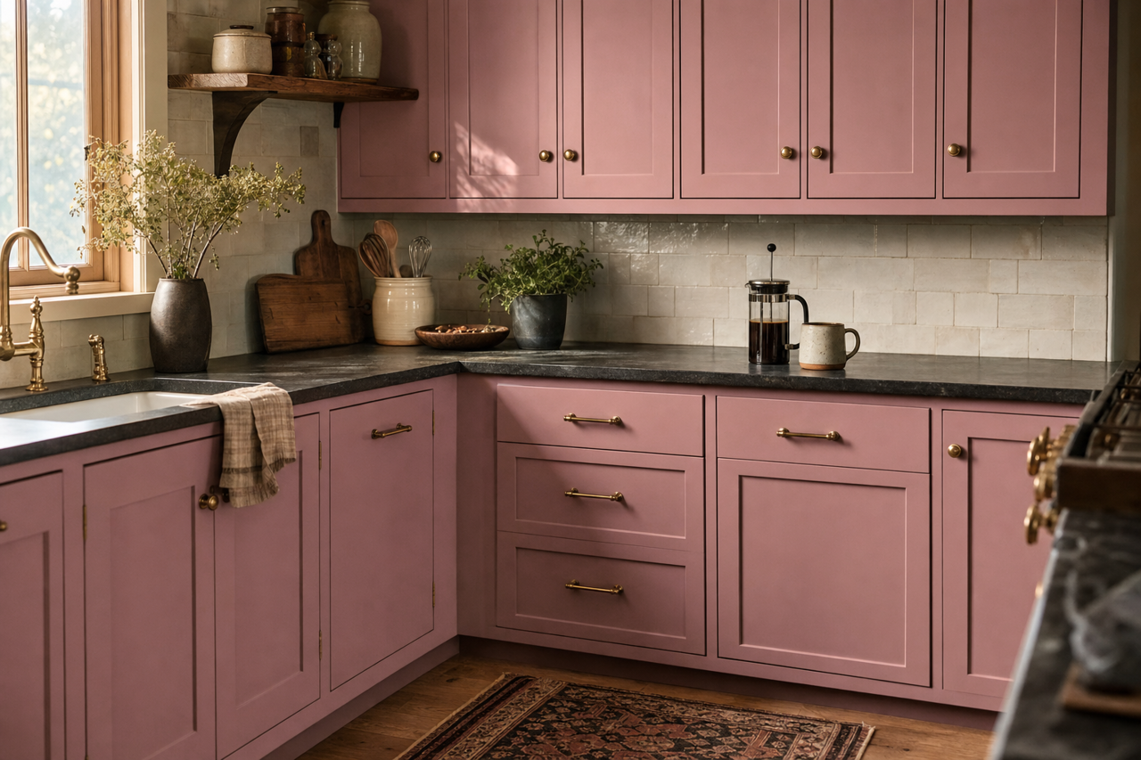 Audrey's Blush by Sherwin-Williams on cabinets