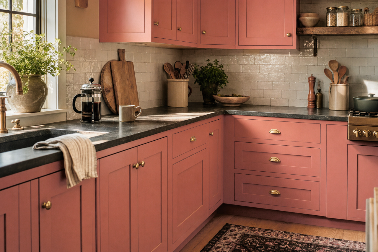 Coral Clay by Sherwin-Williams on cabinets