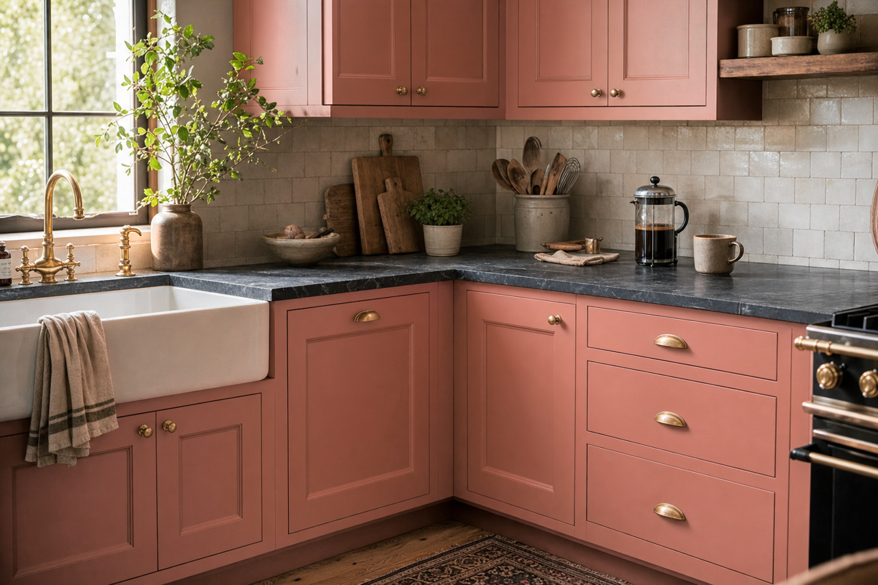 Rojo Dust by Sherwin-Williams on cabinets