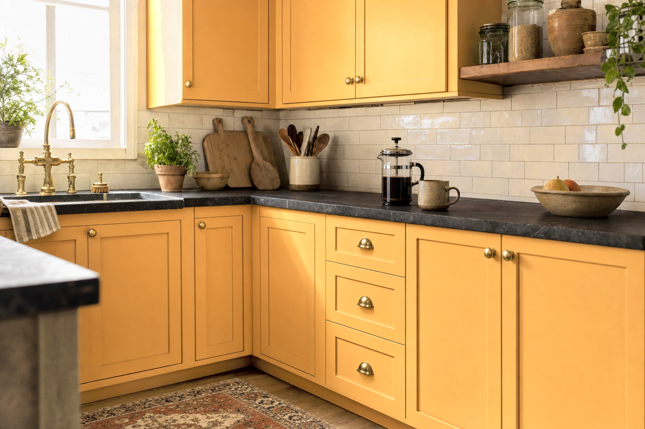 Olden Amber by Sherwin-Williams on cabinets