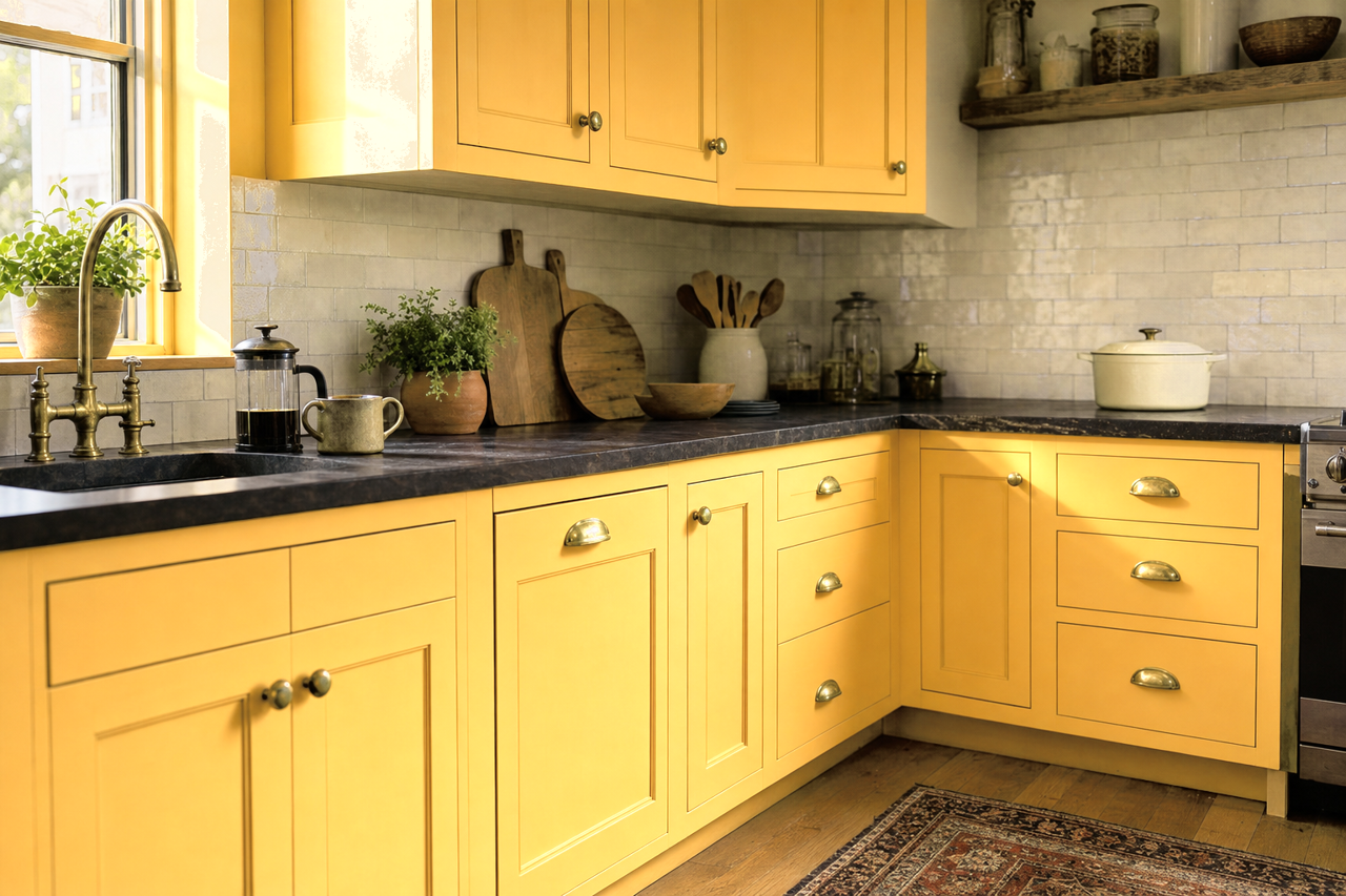 Golden Plumeria by Sherwin-Williams on cabinets