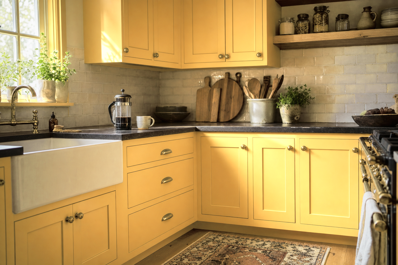 Yellow Bird by Sherwin-Williams on cabinets