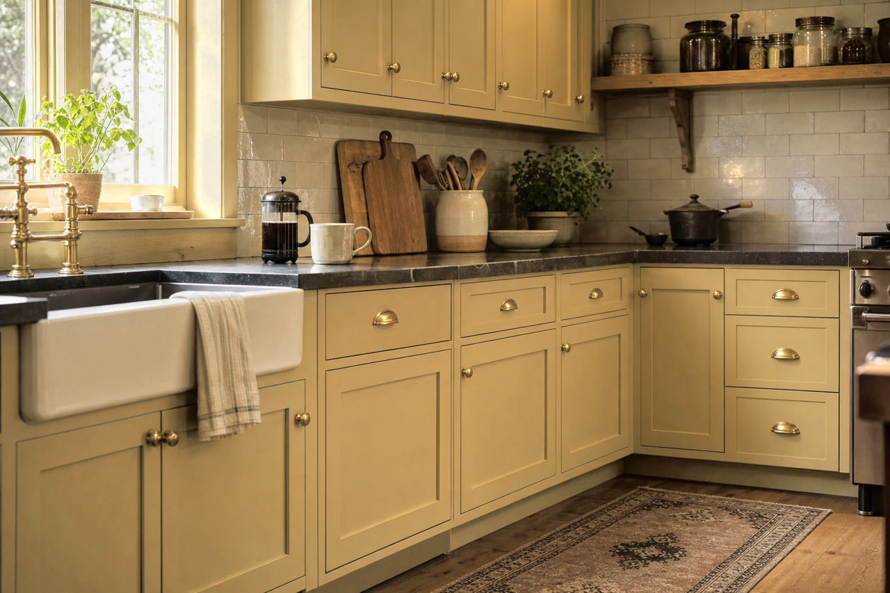Dusted Olive by Sherwin-Williams on cabinets