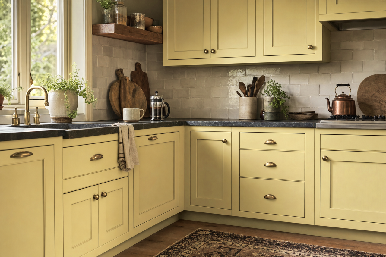 Cool Avocado by Sherwin-Williams on cabinets