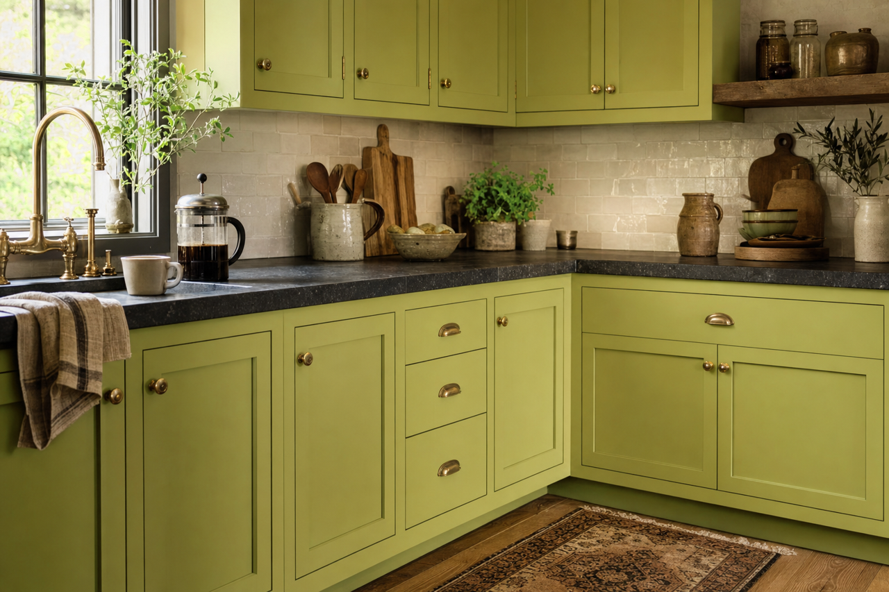 Stay in Lime by Sherwin-Williams on cabinets